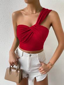 Chiquease Top corto con nudo delantero de un solo hombro para ropa de Año Nuevo - Rojo - Ver 6