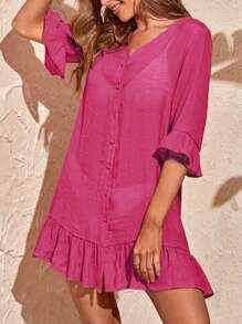 SHEIN Flare Sleeve Ruffle Hem Button Front Kimono - Hot Pink - View 1