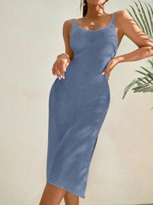 SHEIN Swim Summer Beach Solid Split Thigh Knitted Cover Up Dress - Blue - View 3