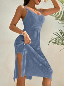 SHEIN Swim Summer Beach Solid Split Thigh Knitted Cover Up Dress - Blue - View 4