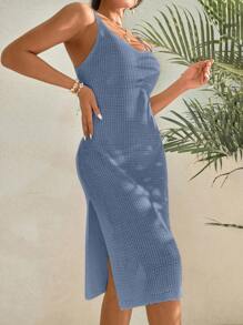 SHEIN Swim Summer Beach Solid Split Thigh Knitted Cover Up Dress - Blue - View 6