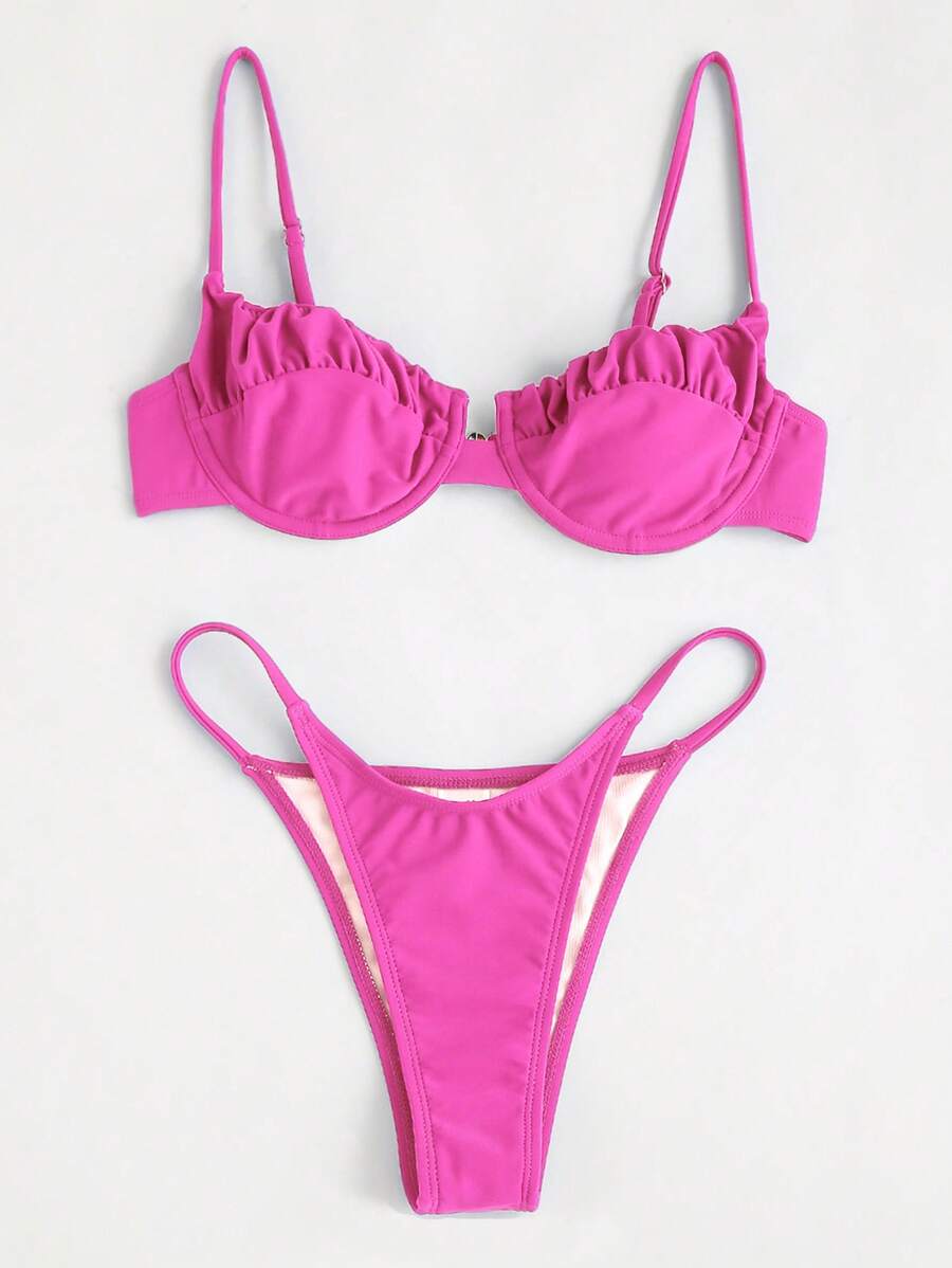 SHEIN Swim Summer Beach Frill Trim Underwire Bikini Set, Vacation Bikini - Pink - View 1