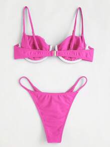 SHEIN Swim Summer Beach Frill Trim Underwire Bikini Set, Vacation Bikini - Pink - View 2