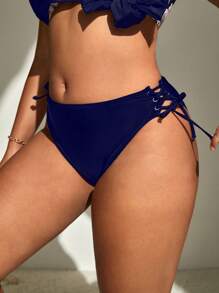 SHEIN Plus Lace Up Side Bikini Bottom - Navy Blue - View 1