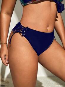 SHEIN Plus Lace Up Side Bikini Bottom - Navy Blue - View 5