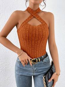 SHEIN Essnce Áo khoác và áo lót dành cho xe tăng nữ Hội Chữ thập Gân đan màu trơn Giải trí - màu nâu - Xem 3