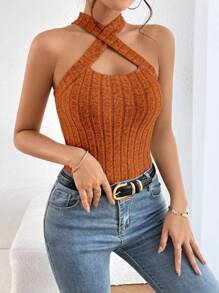 SHEIN Essnce Áo khoác và áo lót dành cho xe tăng nữ Hội Chữ thập Gân đan màu trơn Giải trí - màu nâu - Xem 4