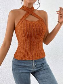 SHEIN Essnce Áo khoác và áo lót dành cho xe tăng nữ Hội Chữ thập Gân đan màu trơn Giải trí - màu nâu - Xem 6