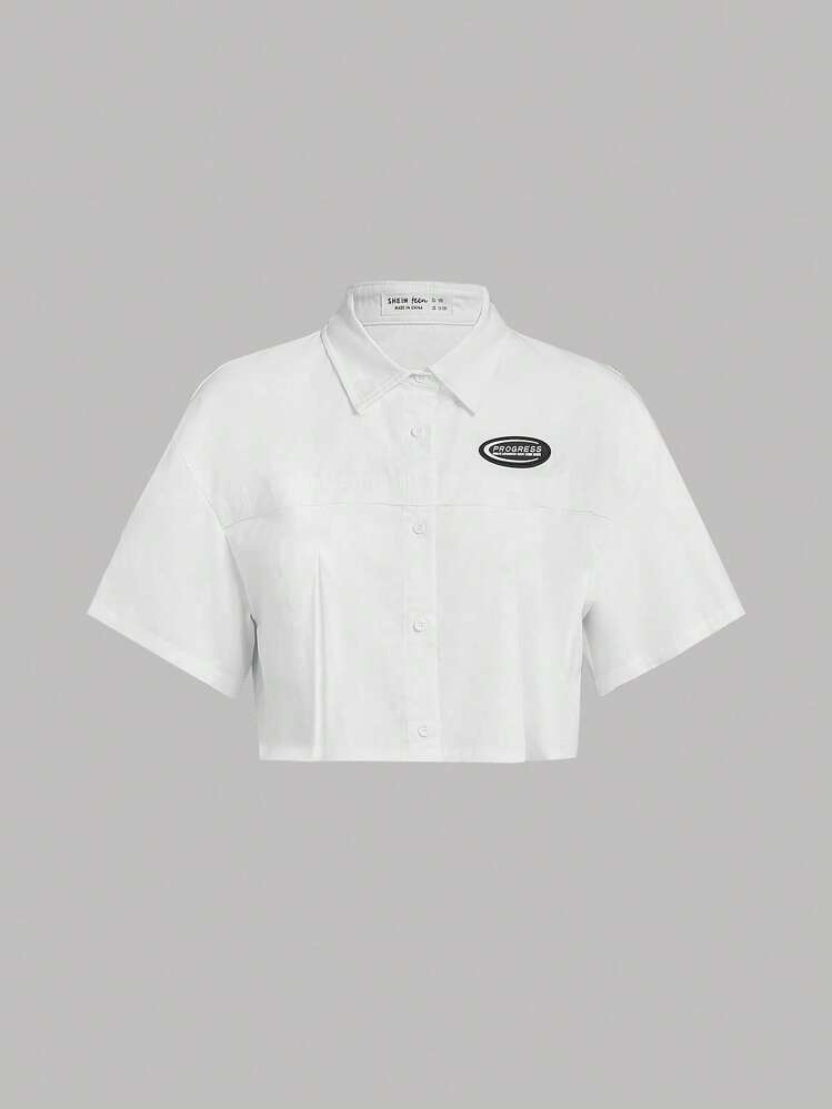 SHEIN Teen Girls Letter Patched Detail Drop Shoulder Shirt - White - View 1