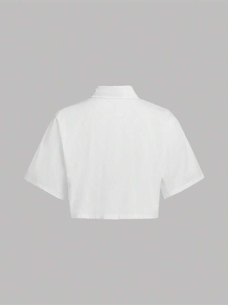 SHEIN Teen Girls Letter Patched Detail Drop Shoulder Shirt - White - View 2