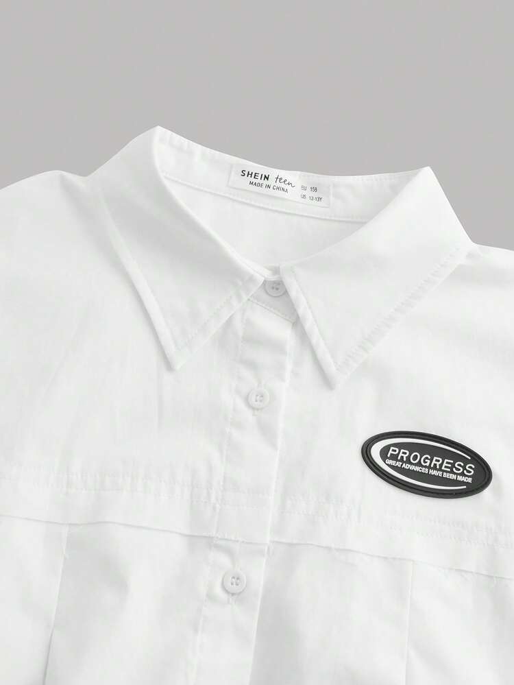 SHEIN Teen Girls Letter Patched Detail Drop Shoulder Shirt - White - View 3