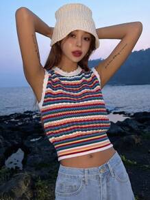 DAZY 休閒條紋女士針織上衣 - 彩色 - 查看 2