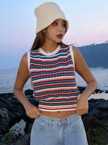 DAZY 休閒條紋女士針織上衣 - 彩色 - 查看 4