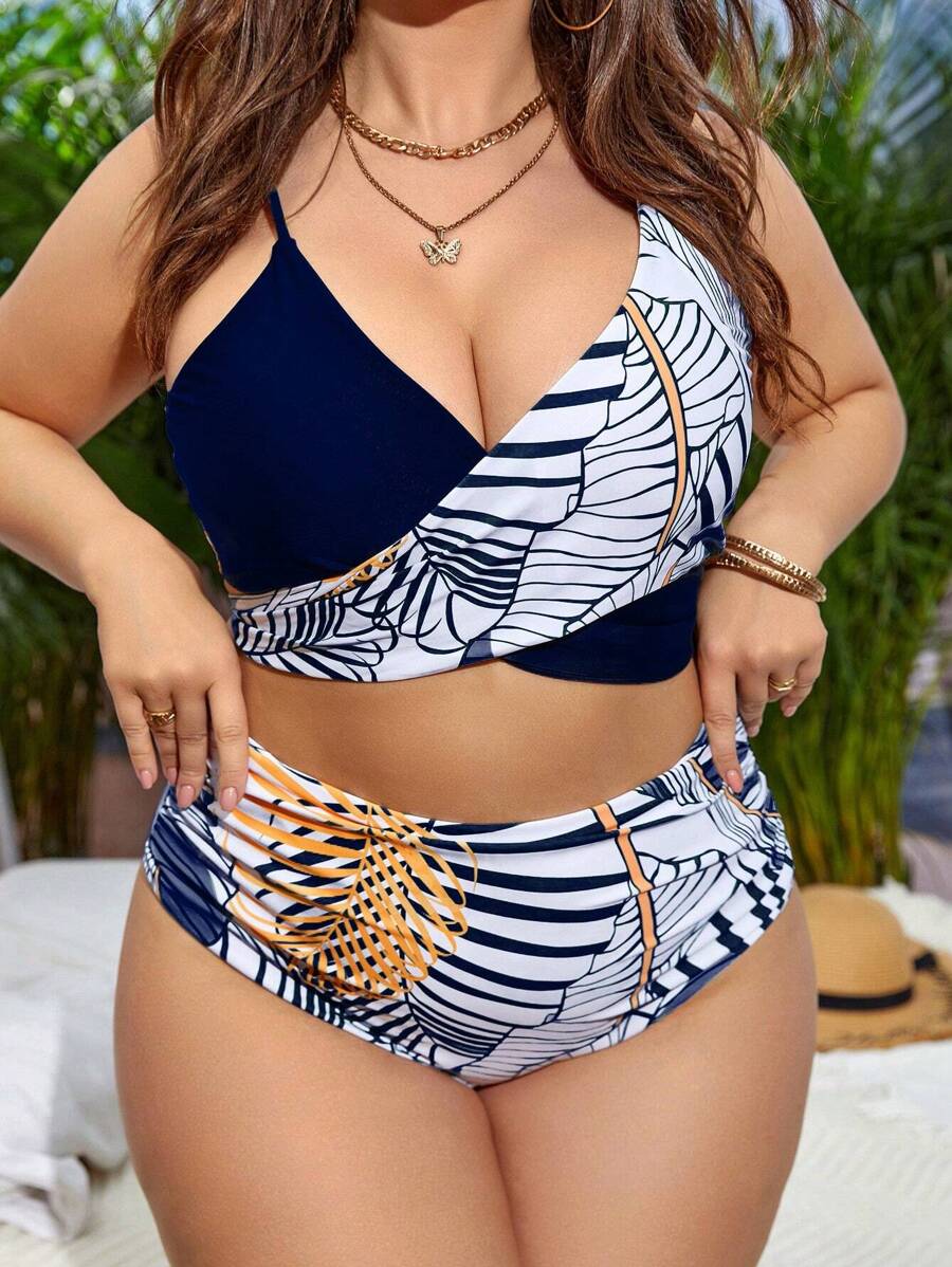 SHEIN Swim Curve Plus Size Tropical Print Bikini Set Summer Beach - Blue and White - View 1