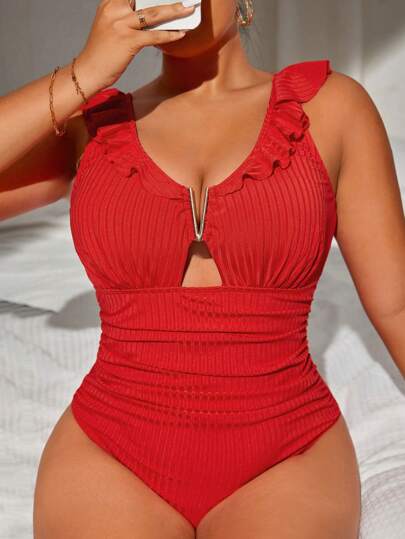 Swim Vcay 2025 Costum de baie într-o singură piesă de damă, de mărime mare, de culoare uni, cu volan, de vară