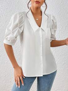 SHEIN Privé Puff Sleeve Pocket Patched Shirt - White - View 2