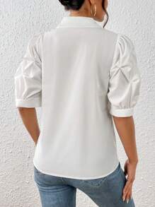 SHEIN Privé Puff Sleeve Pocket Patched Shirt - White - View 3