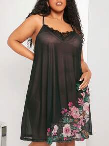 SHEIN CURVE+ 大碼印花蕾絲拼接透視網紗睡裙不附帶吊帶連衣裙 - 黑色 - 查看 1