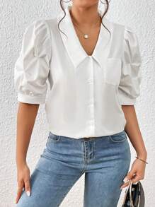 SHEIN Privé Puff Sleeve Pocket Patched Shirt - White - View 1