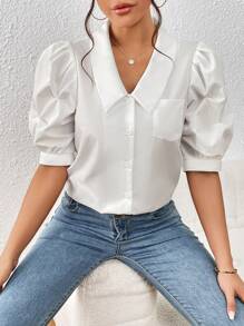 SHEIN Privé Puff Sleeve Pocket Patched Shirt - White - View 4