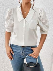 SHEIN Privé Puff Sleeve Pocket Patched Shirt - White - View 5