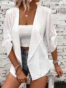 SHEIN LUNE 大翻領捲邊袖開門襟外套 - 白色 - 查看 5