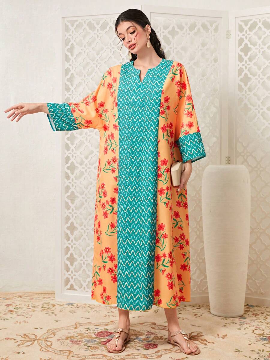 Al Najma Floral Print Notched Neckline Batwing Sleeve Kaftan - Multicolor - View 1