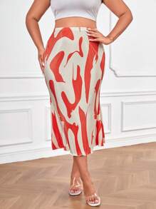 SHEIN Privé Plus Allover Print Mermaid Hem Skirt - Coral Orange - View 1