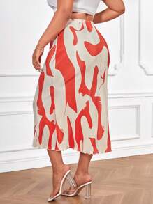 SHEIN Privé Plus Allover Print Mermaid Hem Skirt - Coral Orange - View 2