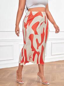 SHEIN Privé Plus Allover Print Mermaid Hem Skirt - Coral Orange - View 5