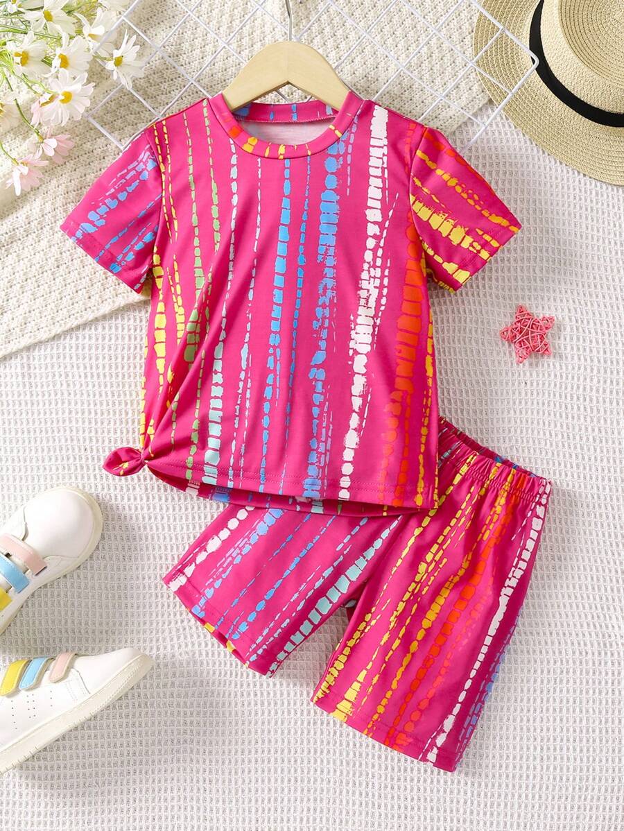 SHEIN Kleinkind Mädchen Shorts & T-Shirt mit Streifen Muster, - Heißes Pink - Übersicht 1