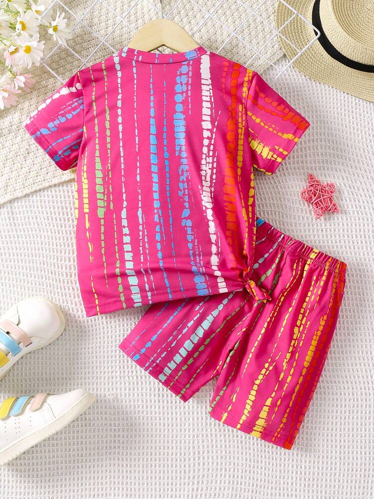 SHEIN 小女童條紋印花T恤和短褲 - 玫紅色 - 查看 2