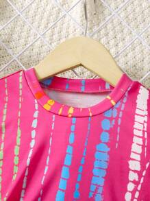 SHEIN Kleinkind Mädchen Shorts & T-Shirt mit Streifen Muster, - Heißes Pink - Übersicht 4