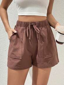 SHEIN EZwear Tie Waist Slant Pocket Shorts - Redwood - View 1