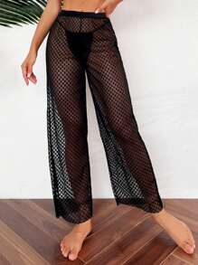 Hollow Out Fishnet Cover Up Pants - Black - View 1