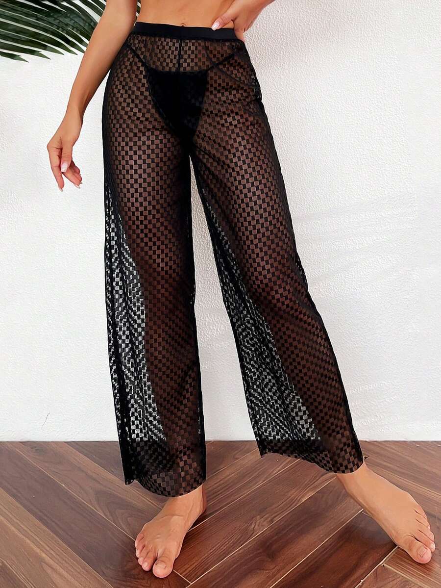 Hollow Out Fishnet Cover Up Pants - Black - View 1