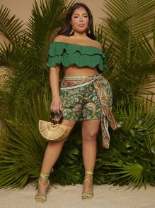 SHEIN SXY 大碼佩斯利印花側打結短褲 - 彩色 - 查看 3