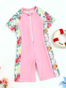 Toddler Girls Floral Print Zipper Front One Piece Swimsuit - Pink - View 1