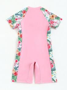 Toddler Girls Floral Print Zipper Front One Piece Swimsuit - Pink - View 2