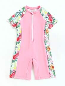 Toddler Girls Floral Print Zipper Front One Piece Swimsuit - Pink - View 5