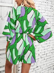 SHEIN VCAY 滿版印花腰部抽繩連身短褲 - 綠色 - 查看 2