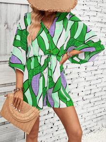 SHEIN VCAY 滿版印花腰部抽繩連身短褲 - 綠色 - 查看 3