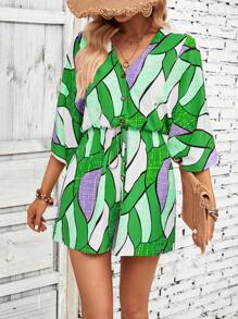 SHEIN VCAY 滿版印花腰部抽繩連身短褲 - 綠色 - 查看 6