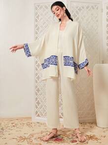 Mulvari Geo Print Batwing Sleeve Coat & Trousers - Apricot - View 1