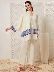 Mulvari Geo Print Batwing Sleeve Coat & Trousers - Apricot - View 3