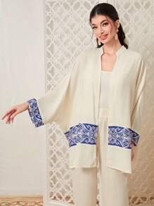 Mulvari Geo Print Batwing Sleeve Coat & Trousers - Apricot - View 4