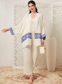 Mulvari Geo Print Batwing Sleeve Coat & Trousers - Apricot - View 5