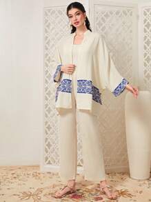 Mulvari Geo Print Batwing Sleeve Coat & Trousers - Apricot - View 6