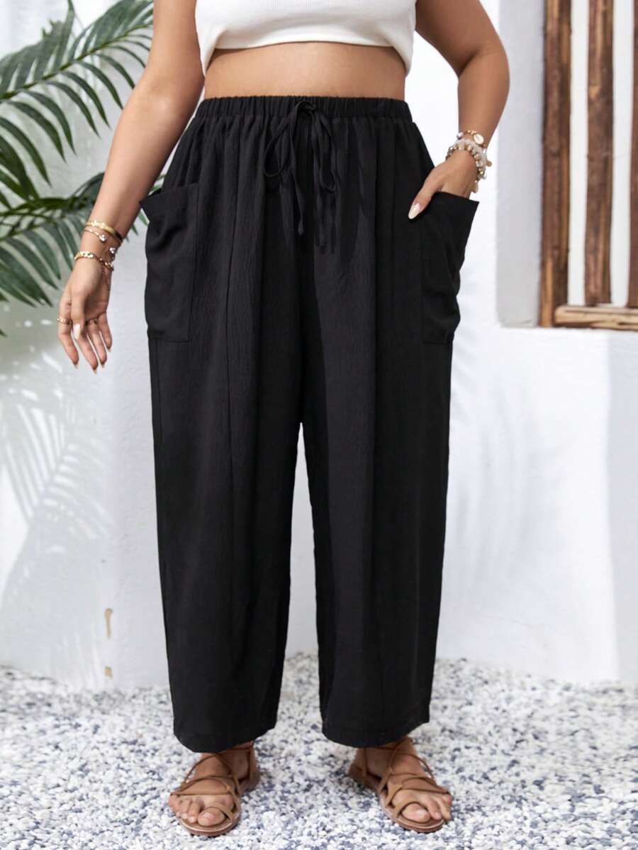 SHEIN Holidaya 大碼雙口袋前打結長褲 - 黑色 - 查看 1