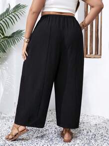 SHEIN Holidaya 大碼雙口袋前打結長褲 - 黑色 - 查看 2